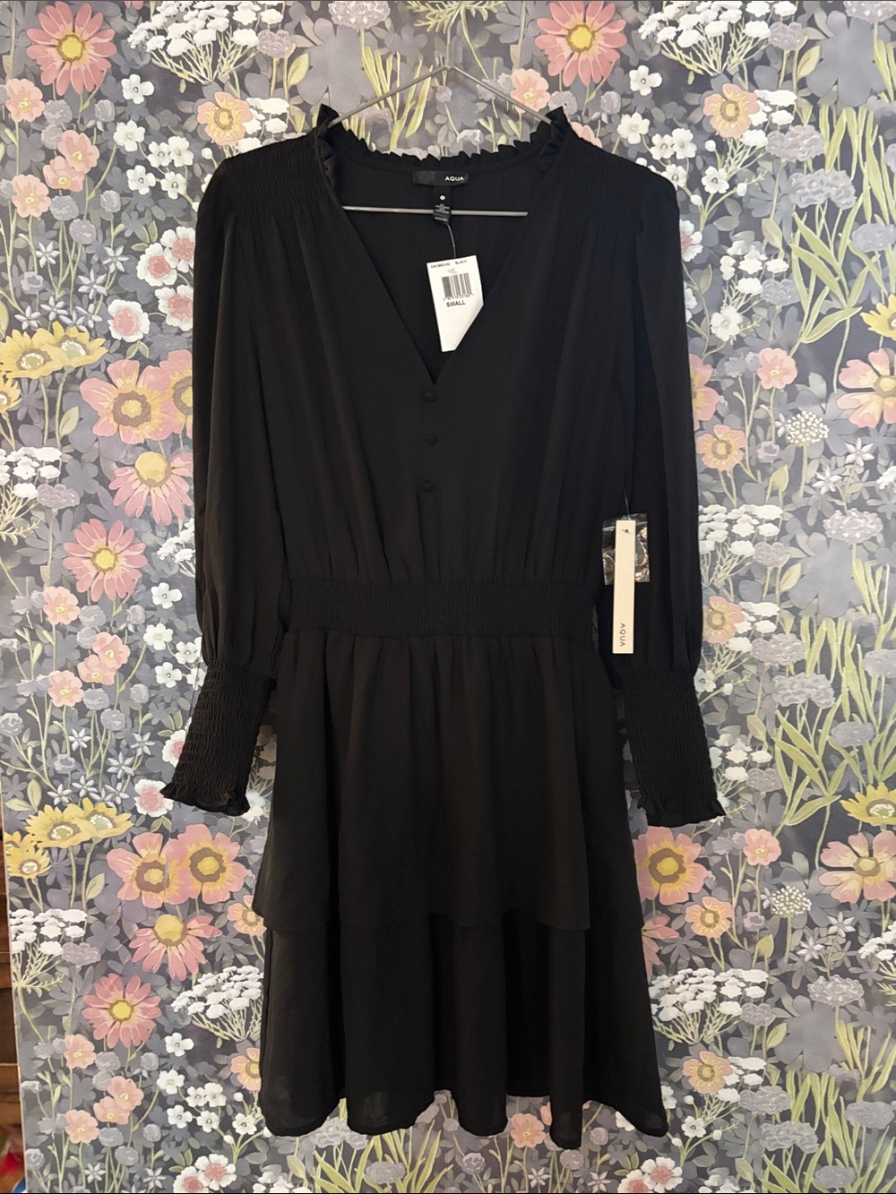 Aqua Black Long Sleeve Tiered Smocked Midi Dress